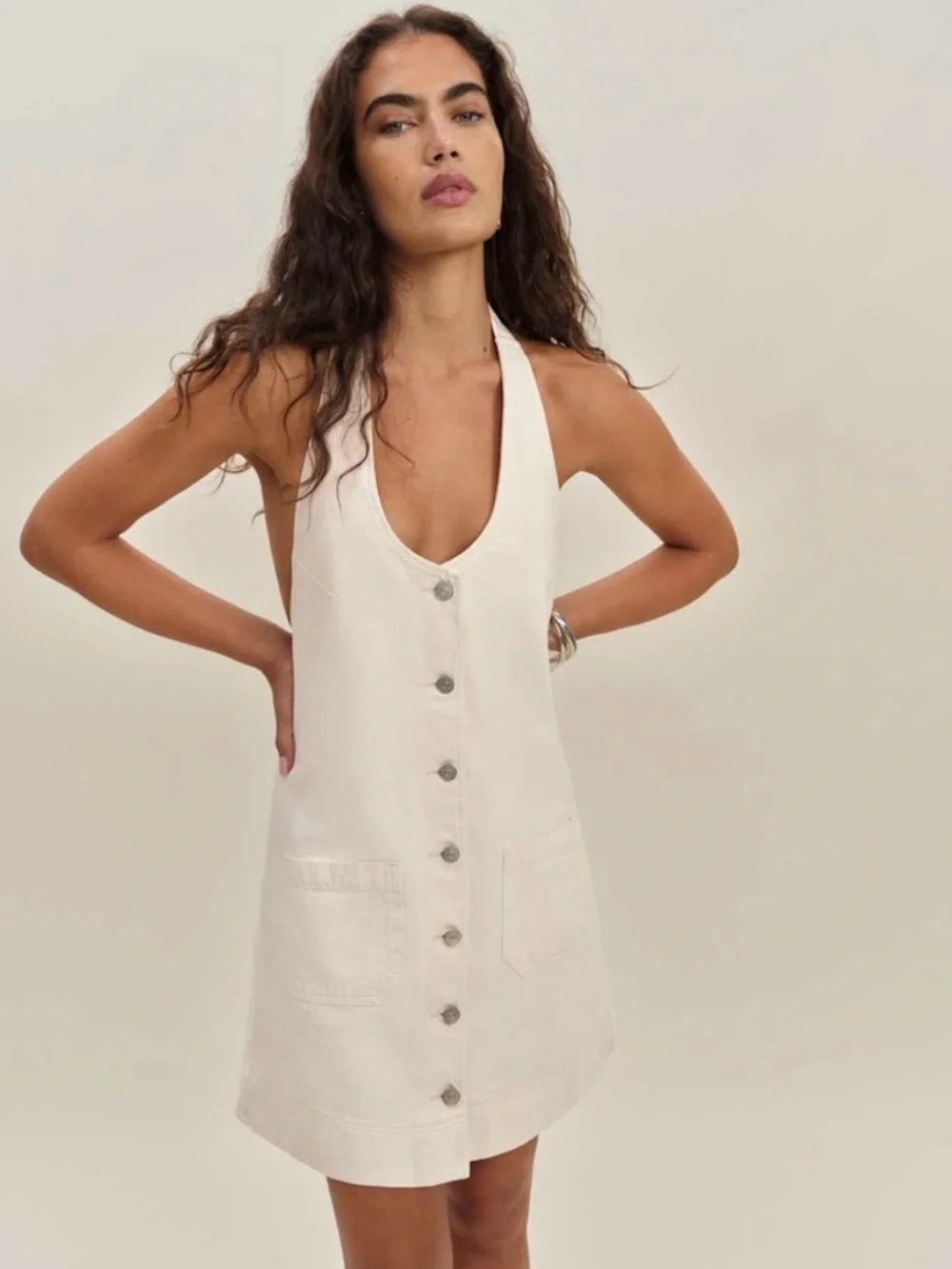 Reformation Cream Button-Front Denim Halter Mini Dress - Picture 1 of 6